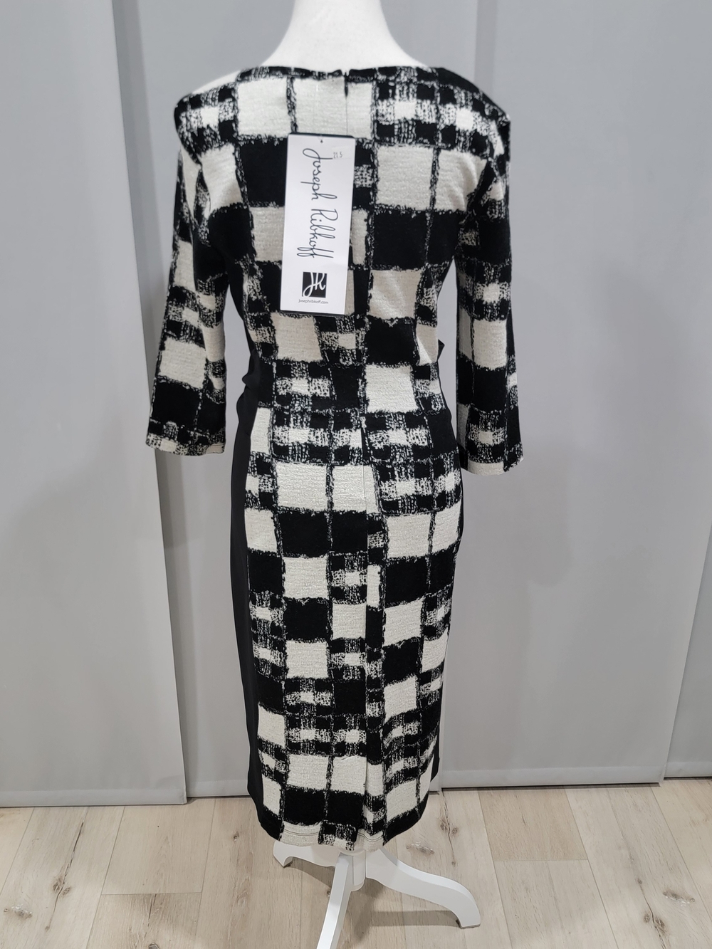 Joseph Ribkoff Black and White Checked Knit Dress with Waist Tie - Picture 5 of 8